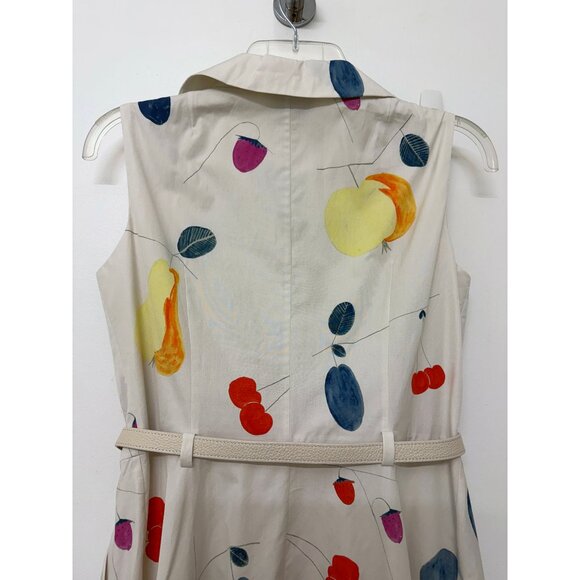 Akris Fruit Print Shirt Dress Cotton Beige Gray Greige Rainbow Colorful Belted 6 - Picture 12 of 16